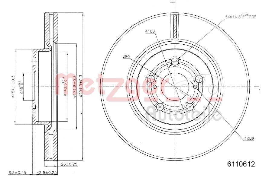METZGER 6110612: Disque de frein Essieu avant gauche, Essieu avant droit, Ø: 295mm, ventilé de l'intérieur, Ø: 295mm, peint, Ponçage croisé