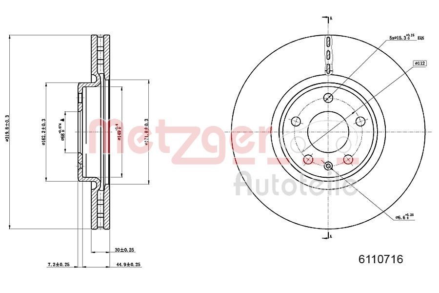 METZGER 6110716: Brzdový kotouč levá přední náprava, pravá přední náprava, R: 320mm, vnitřně větráno, R: 320mm, lakováno, Křížové broušení
