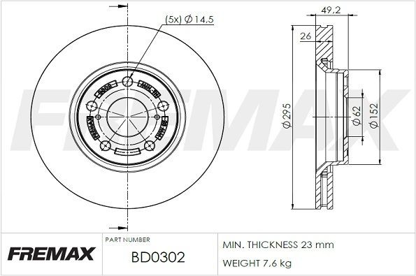 FREMAX BD-0302: Piduriketas Ø: 295mm, õhutusega, sisemine õhutus, Ø: 295mm, kaetud, osalise kattekihiga