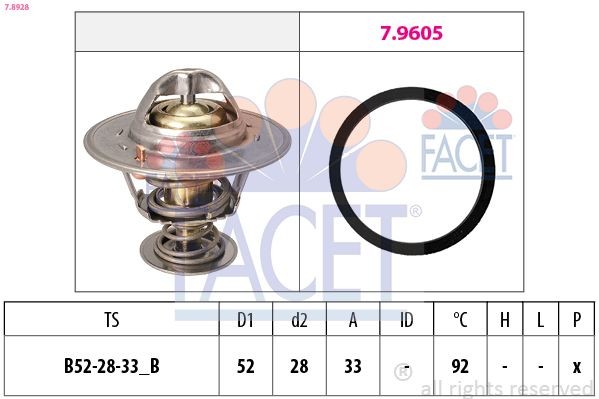 FACET 7.8928: Θερμοστάτης, ψυκτικό υγρό 92°C, 52mm, 28mm, Made in Italy - OE Equivalent