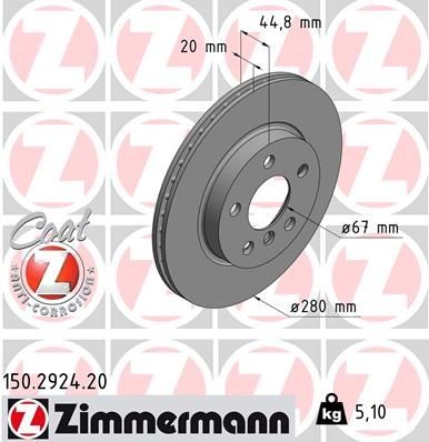 ZIMMERMANN 150.2924.20: Stabdžių diskas Ø: 280mm, vidinis ventiliavimas, Ø: 280mm, padengta COAT Z