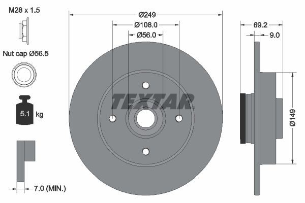 TEXTAR 92202103: Disco de freno Ø: 249mm, macizo, Ø: 249mm, con tuerca del eje, revestido, con anillo sensor magnético incorporado, con cojinete rueda, sin perno de sujeción de rueda, con buje de rueda PRO