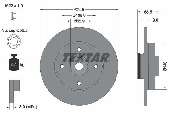 TEXTAR 92133303: Brzdový kotouč R: 249mm, plný, R: 249mm, s nápravovým kloboučkem, nátěr, s integrovaným magnetickým senzorovým kroužkem, s ložiskem (kola), bez šroubů vozidlového kola, s nábojem kola PRO