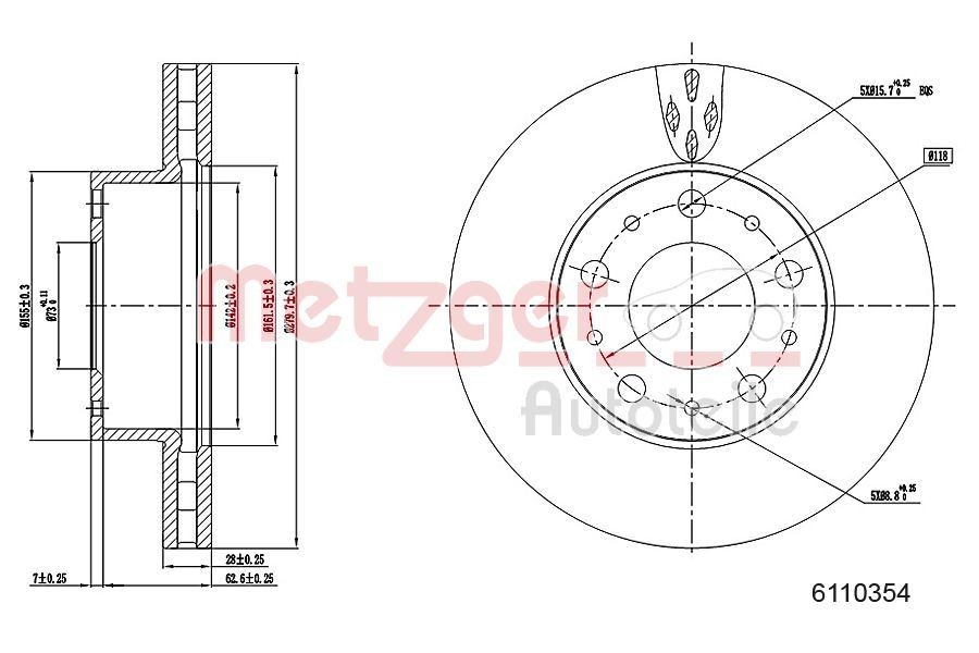 METZGER 6110354: Bromsskiva framaxel vänster, framaxel höger, Ø: 280mm, ventilerad invändigt, Ø: 280mm, lackerad, Korsslipning, med skruvar