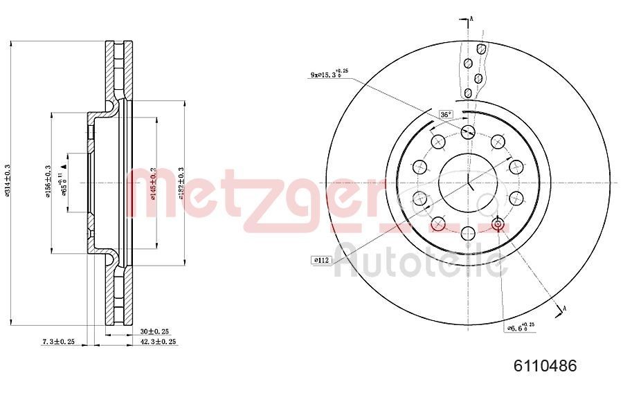 METZGER 6110486: Brzdový kotouč levá přední náprava, pravá přední náprava, R: 314mm, vnitřně větráno, R: 314mm, lakováno, Křížové broušení, se šrouby