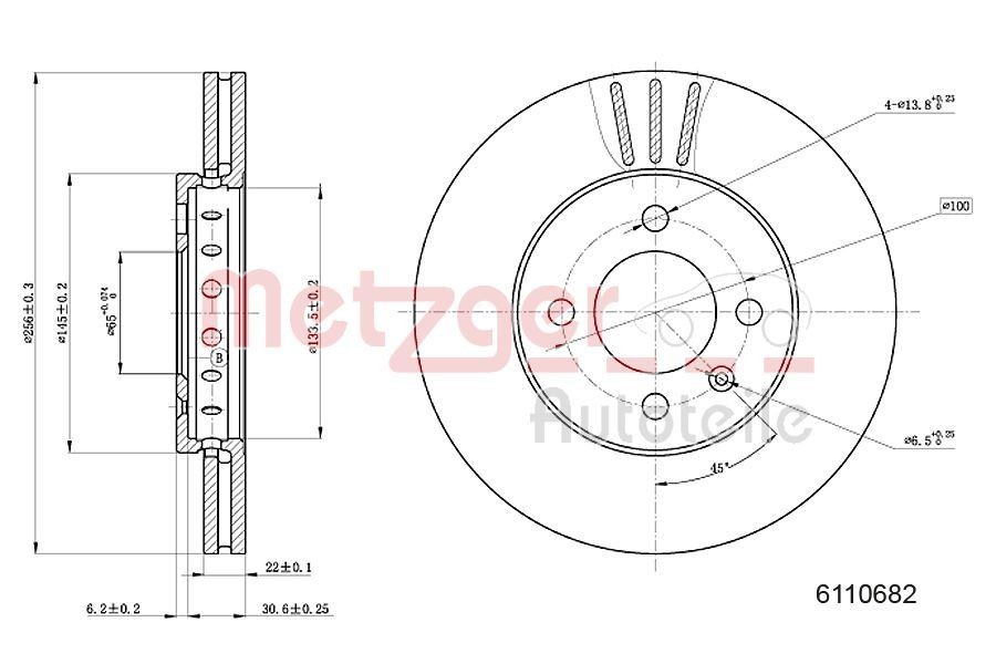 METZGER 6110682: Piduriketas esisild vasakul, esisild paremal, Ø: 256mm, sisemine õhutus, Ø: 256mm, värvitud, Ristlihvimine, koos kruvidega