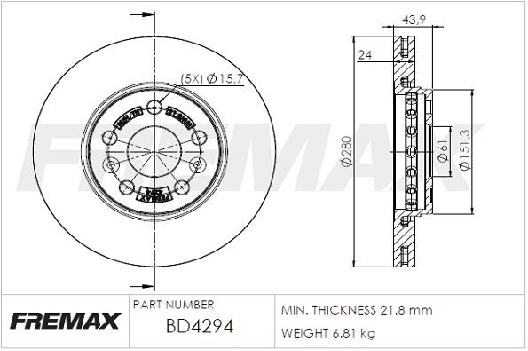 FREMAX BD-4294: Bromsskiva Ø: 280mm, ventilerad, Ø: 280mm, belagd, delbelagd, Premium Black Carbon +