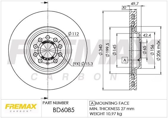 FREMAX BD-6085: Piduriketas Ø: 340mm, õhutusega, Ø: 340mm, kaetud, osalise kattekihiga, Premium Black Carbon +