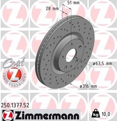 ZIMMERMANN 250.1377.52: Stabdžių diskas Ø: 316mm, vidinis ventiliavimas, perforuota, Ø: 316mm, padengta SPORT COAT Z