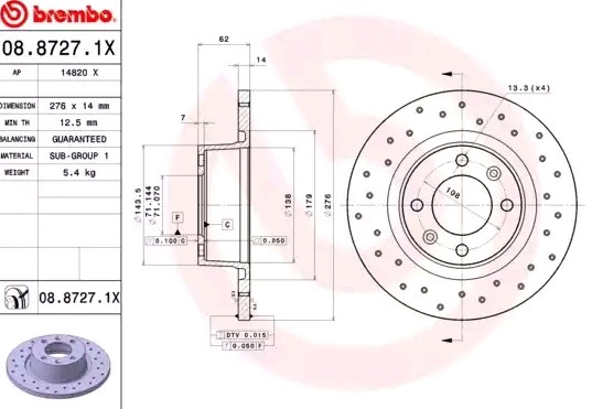 BREMBO 08.8727.1X: Brzdový kotouč R: 276mm, plný, děrovaný, R: 276mm, nátěr XTRA LINE