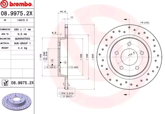 BREMBO 08.9975.2X: Piduriketas Ø: 280mm, täis, perforeeritud, Ø: 280mm, kaetud XTRA LINE