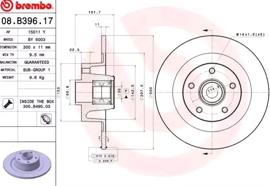 BREMBO 08.B397.17: Stabdžių diskas Ø: 274mm, visiškai, Ø: 274mm, su rato guolio komplektu, su ABS jutiklio žiedu BEARING DISC LINE