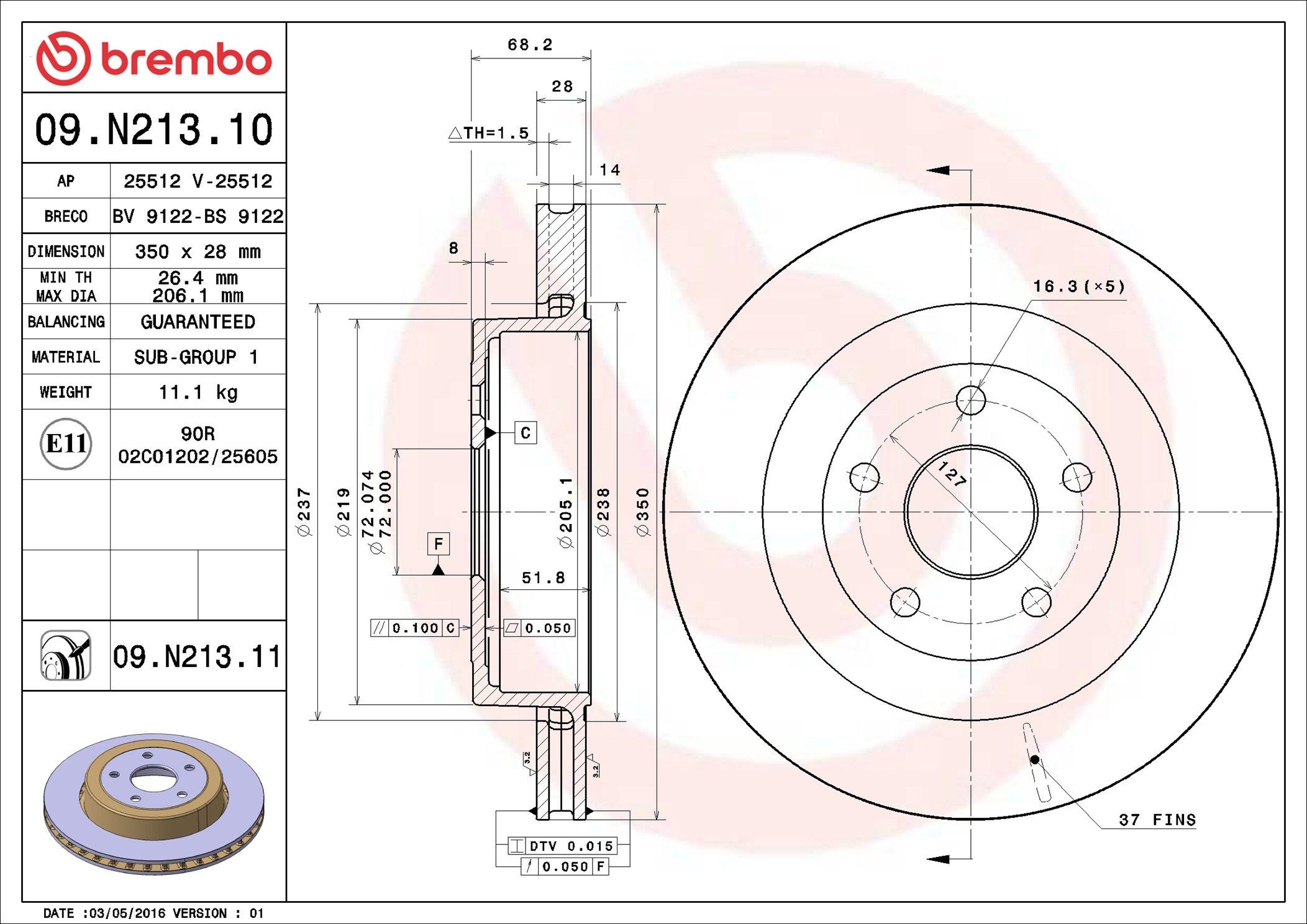 BREMBO 09.N213.11: Piduriketas Ø: 350mm, sisemine õhutus, Ø: 350mm, kaetud COATED DISC LINE