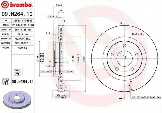 BREMBO 09.N264.11: Piduriketas Ø: 294mm, sisemine õhutus, Ø: 294mm, kaetud COATED DISC LINE