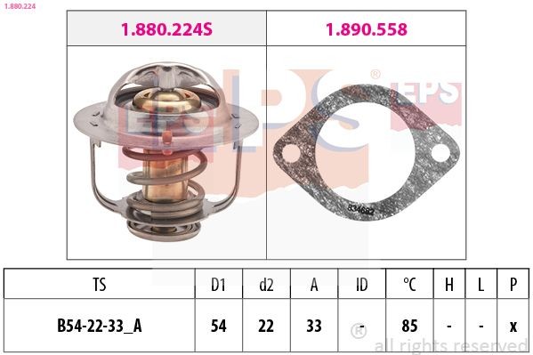 EPS 1.880.224: Thermostat d'eau 85°C, 54mm, 22mm, avec joint d'étanchéite, Made in Italy - OE Equivalent