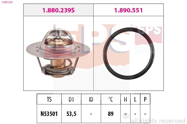EPS 1.880.239: Termostaat, Jahutusvedelik 89°C, 53,5mm, koos tihendiga, Made in Italy - OE Equivalent