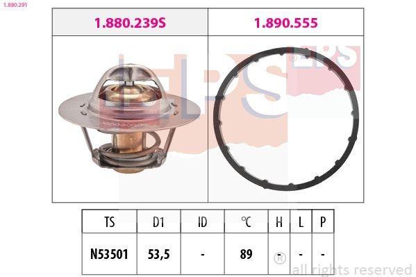 EPS 1.880.291: Termostats, Dzesēšanas šķidrums 89°C, 53,5mm, ar blīvi, Made in Italy - OE Equivalent
