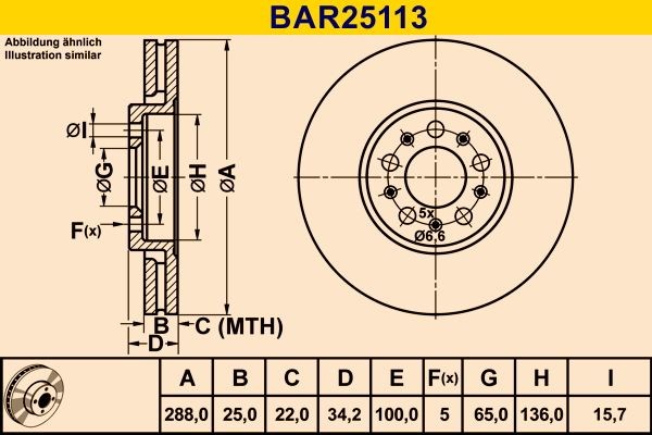 Barum BAR25113: Brzdový kotúč Ø: 288mm, vetraný, Ø: 288mm