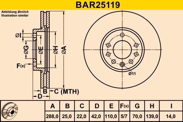 Barum BAR25119: Brzdový kotouč R: 288mm, větráno, R: 288mm