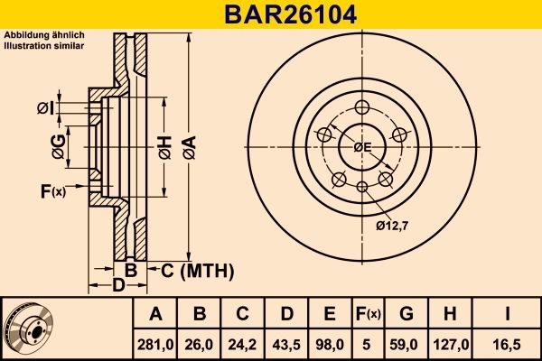 Barum BAR26104: Piduriketas Ø: 281,0mm, õhutusega, Ø: 281,0mm
