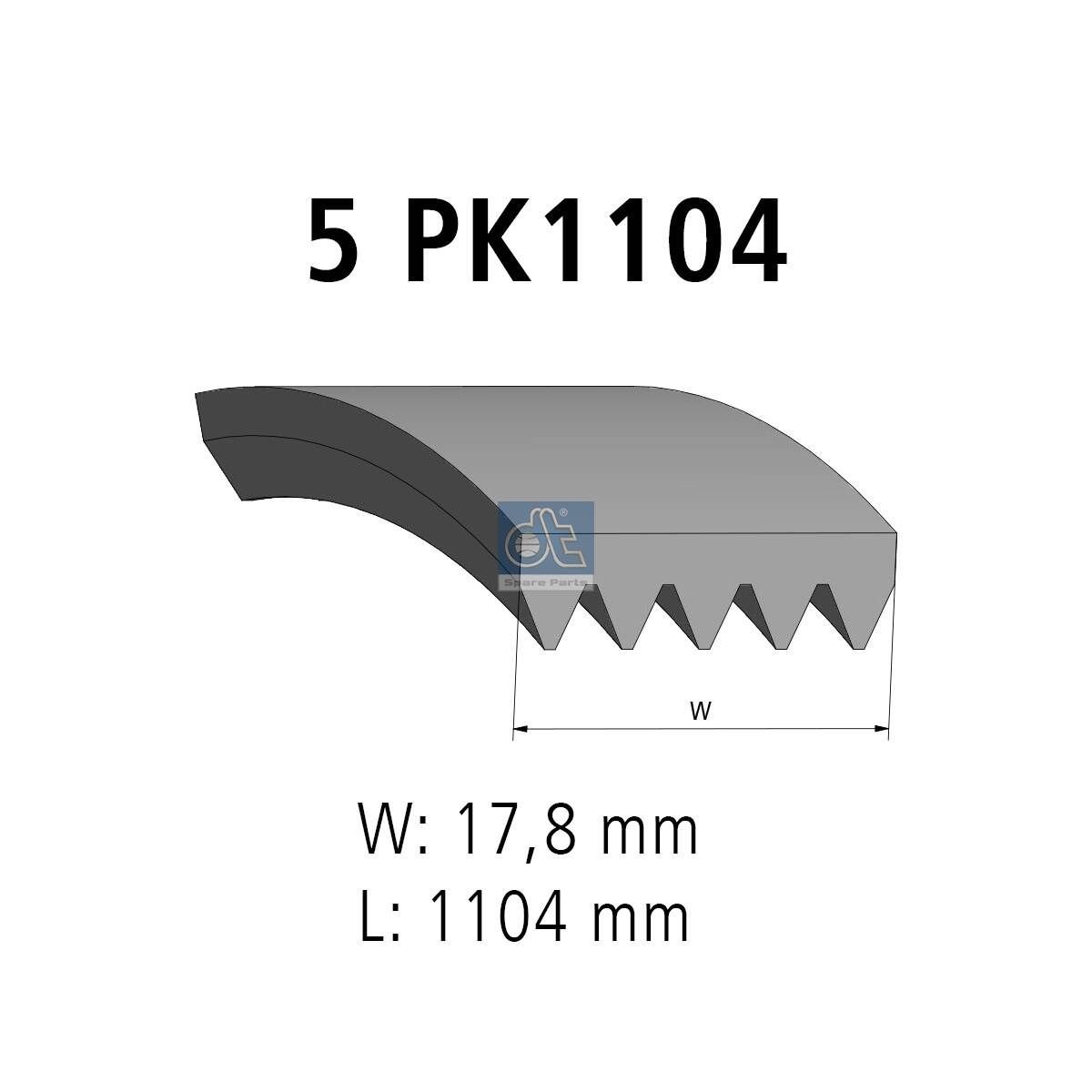 DT Spare Parts 12.15405: V formos rumbuoti diržai 1104mm, briaunų skaičius: 5