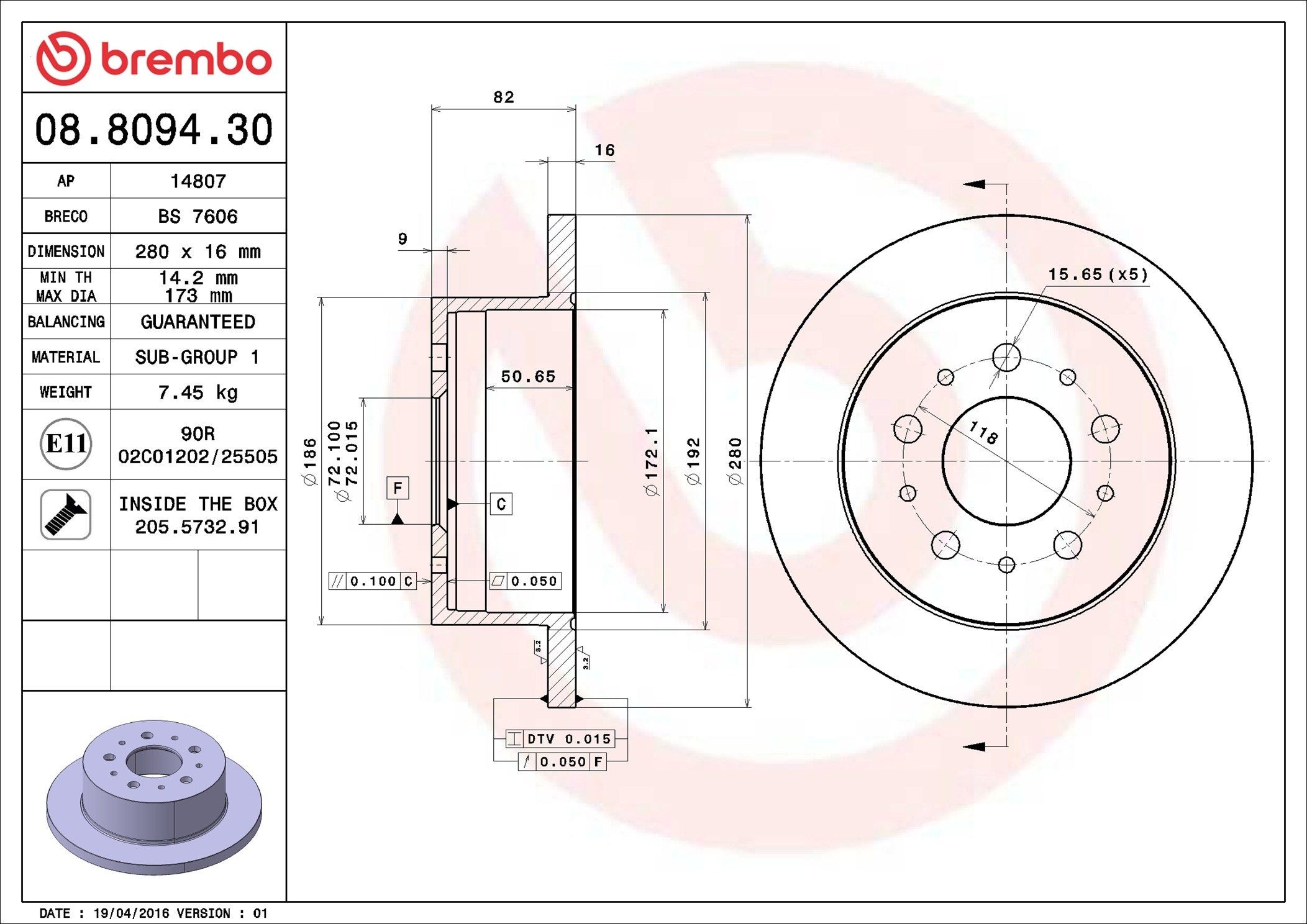 AP 14807: Bromsskiva Ø: 280mm, full, Ø: 280mm, med skruvar