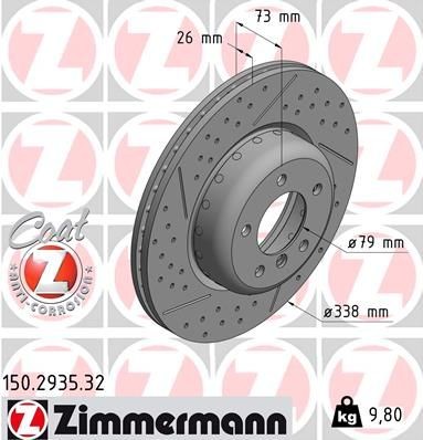 ZIMMERMANN 150.2935.32: Piduriketas Ø: 338mm, sisemine õhutus, piludega/augustatud, kaheosaline piduriketas, Alumiiniumist pidurikettakamber, Ø: 338mm, kaetud FORMULA F COAT Z