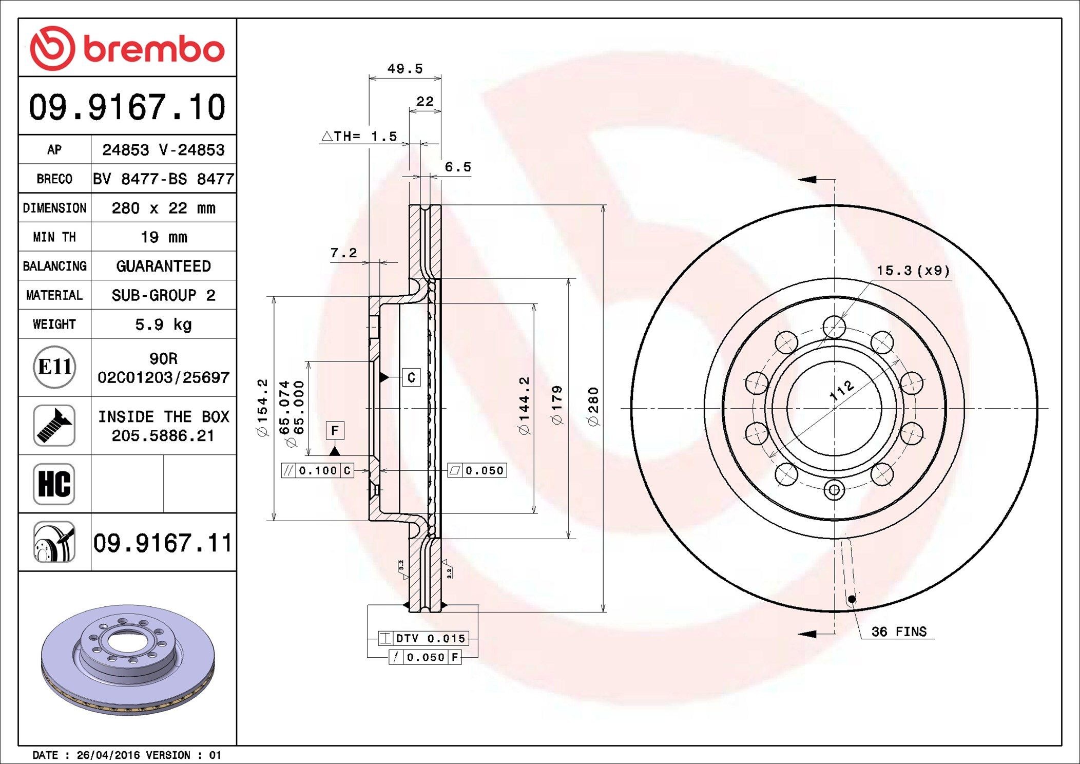 AP 24853: Piduriketas Ø: 280mm, sisemine õhutus, Ø: 280mm, koos kruvidega