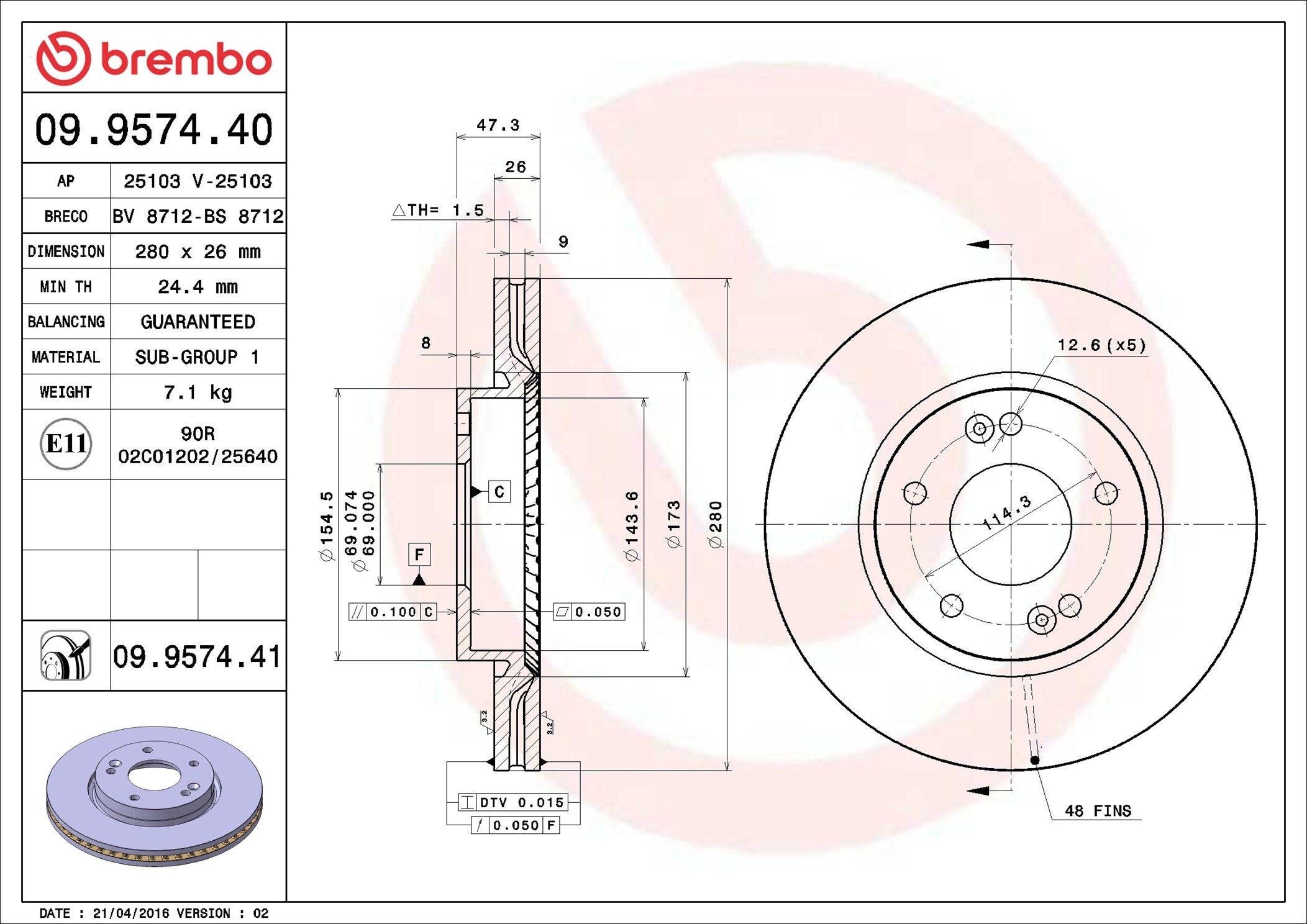 AP 25103: Piduriketas Ø: 280mm, sisemine õhutus, Ø: 280mm