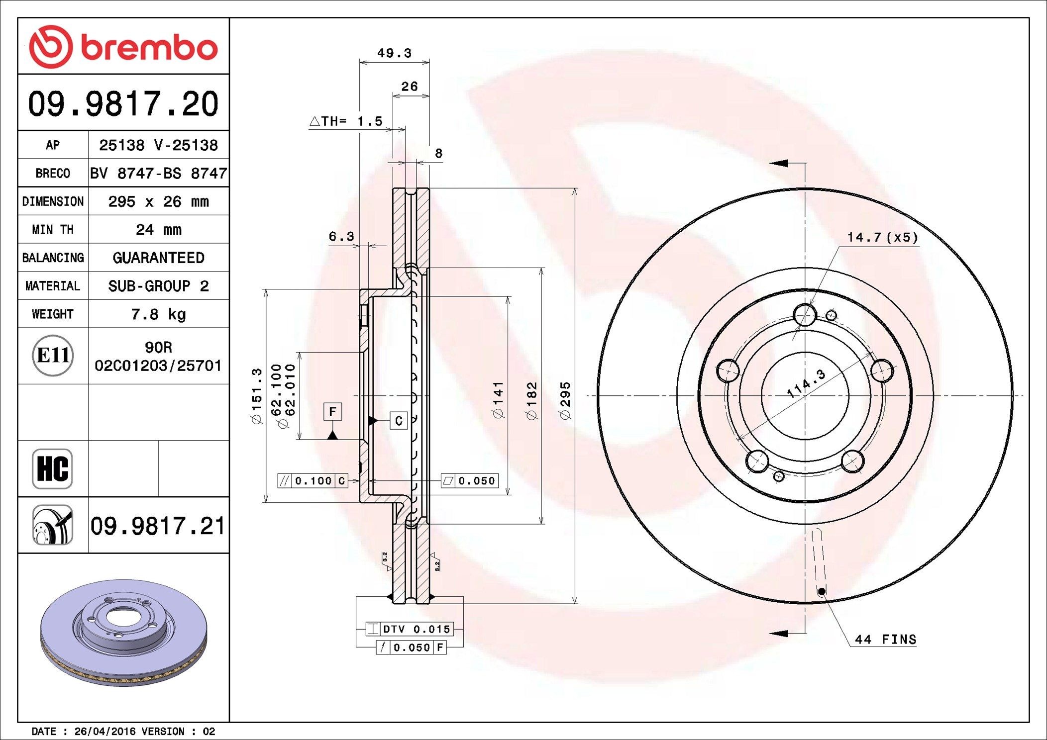 AP 25138: Disque de frein Ø: 295mm, ventilé de l'intérieur, Ø: 295mm