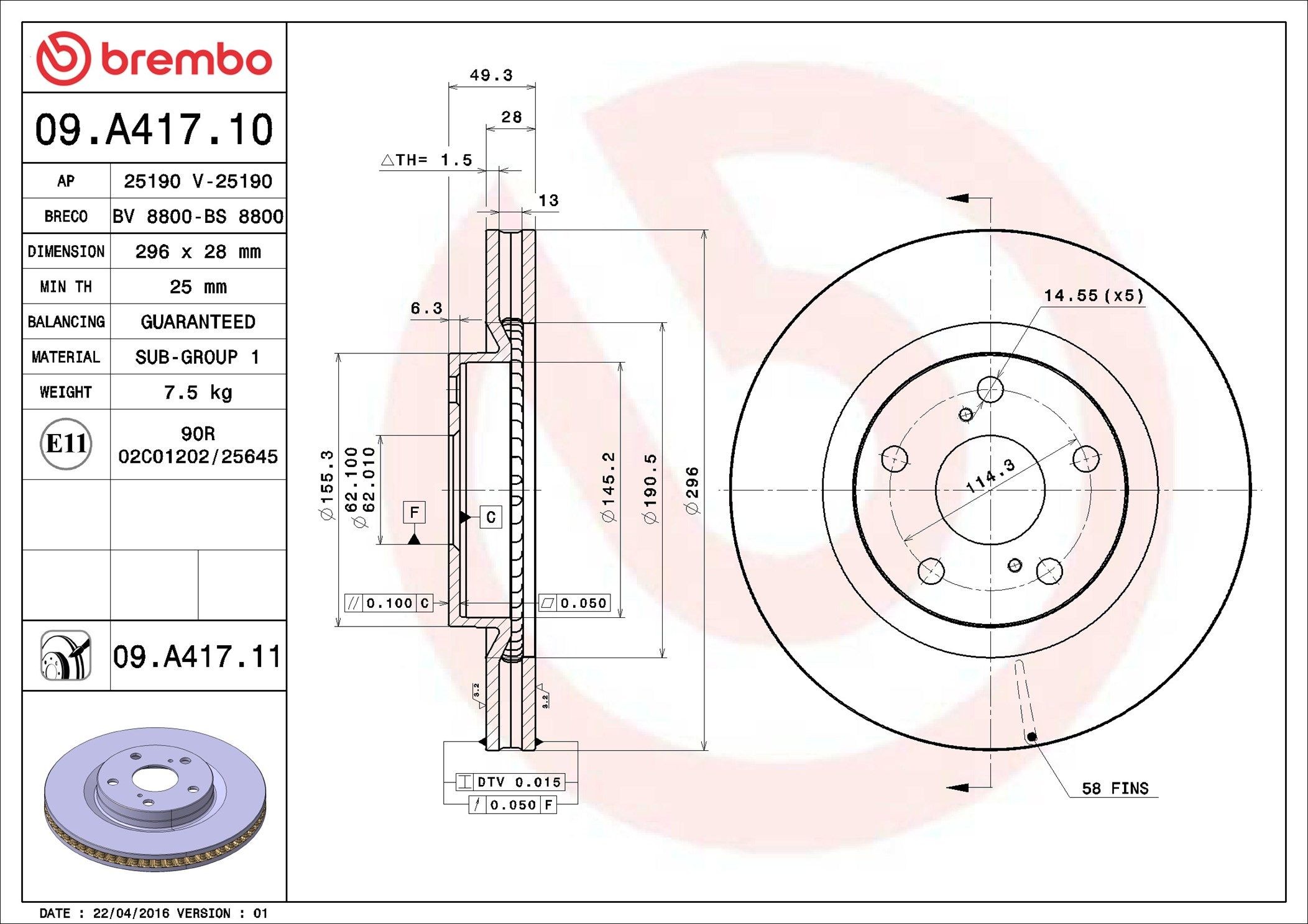 AP 25190: Brzdový kotúč Ø: 296mm, s vnútorným chladením, Ø: 296mm