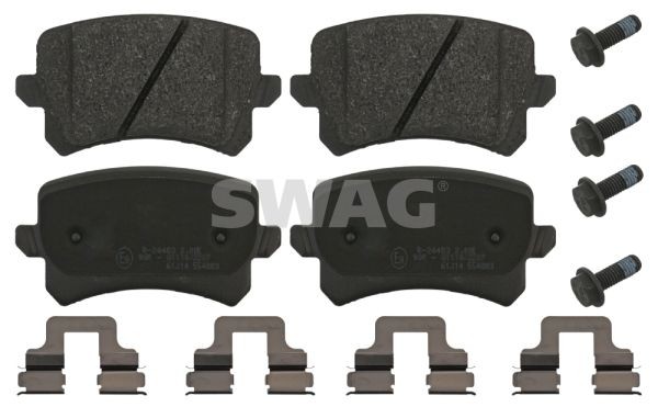 SWAG 30 91 6991: Juego de pastillas de freno Eje trasero, con tornillos pinza freno, Chapa antichirridos, con material de fijación
