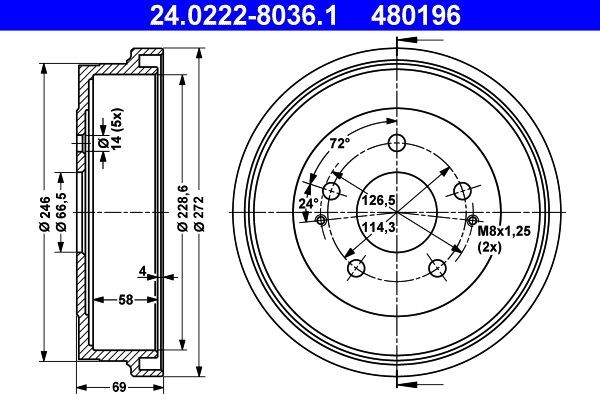 ATE 24.0222-8036.1: Stabdžių būgnas 272,0mm