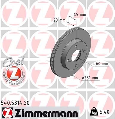 ZIMMERMANN 540.5314.20: Disco de freno Ø: 231mm, ventilación interna, Ø: 231mm, revestido COAT Z