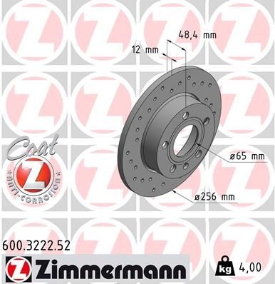 ZIMMERMANN 600.3222.52: Stabdžių diskas Ø: 256mm, visiškai, perforuota, Ø: 256mm, padengta SPORT COAT Z