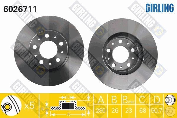 GIRLING 6026711: Disc de frână Ř: 280mm, ventilat, Ř: 280mm, lacuit