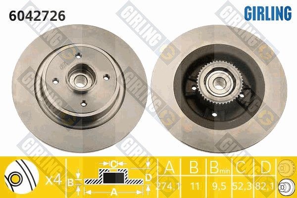 GIRLING 6042726: Piduriketas Ø: 274mm, täis, Ø: 274mm, koos rattalaagriga, koos ABS-andurirõngaga
