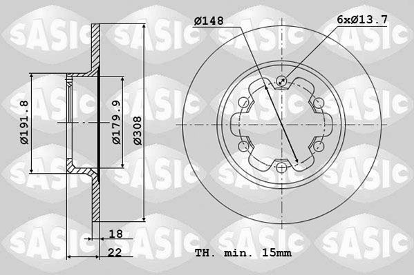 SASIC 6106299: Δισκόπλακα Πίσω άξονας, Ø: 308mm, πλήρες, Ø: 308mm, χωρίς δακτύλιο αισθητήρα του ABS