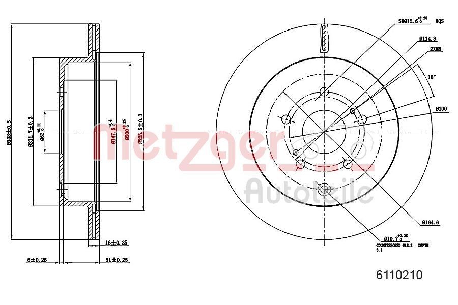 METZGER 6110210: Disc de frână puntea spate, Ř: 308mm, ventilat interior, Ř: 308mm, lacuit, Șlefuire în cruce