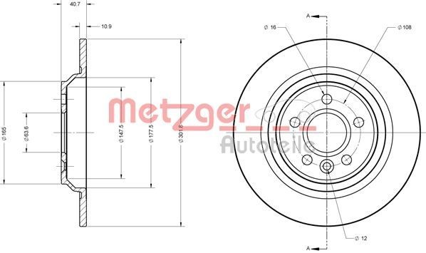 METZGER 6110728: Bromsskiva Bakaxel, Ø: 302mm, full, Ø: 302mm, lackerad, Korsslipning, med skruvar
