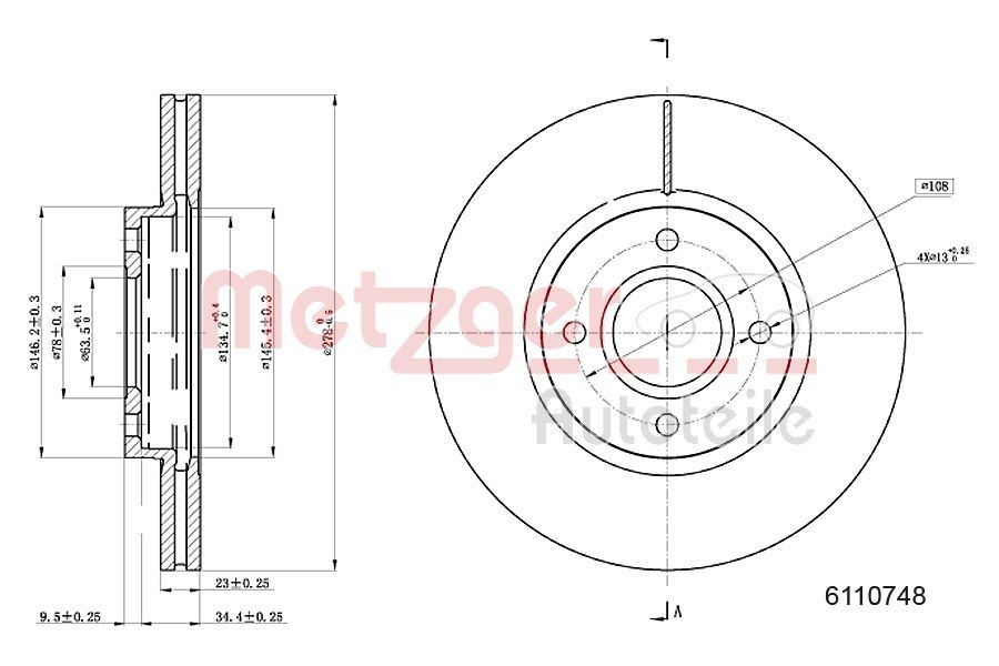 METZGER 6110748: Piduriketas esisild vasakul, esisild paremal, Ø: 278mm, sisemine õhutus, Ø: 278mm, värvitud, Ristlihvimine