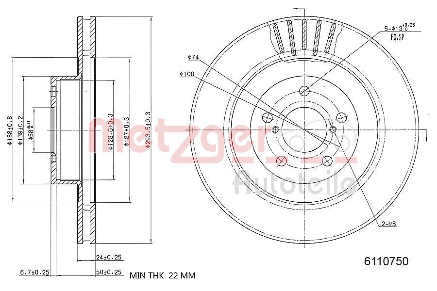 METZGER 6110750: Disc de frână Axa fata stanga, Axa fata dreapta, Ř: 293mm, ventilat interior, Ř: 293mm, lacuit, Șlefuire în cruce