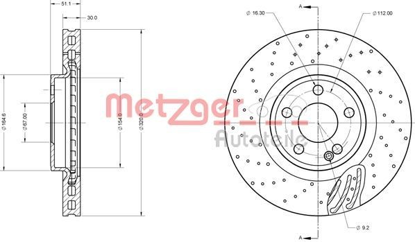 METZGER 6110754: Disc de frână punte fata, Ř: 320mm, perforat/ventilat interior, Ř: 320mm, lacuit, Șlefuire în cruce, cu suruburi