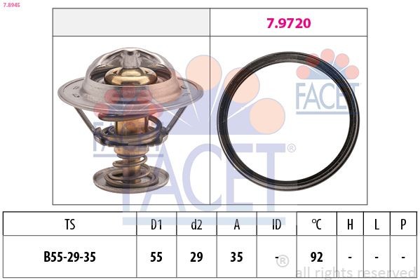 FACET 7.8945: Termostat, lichid racire 92°C, 55mm, 29mm, Made in Italy - OE Equivalent