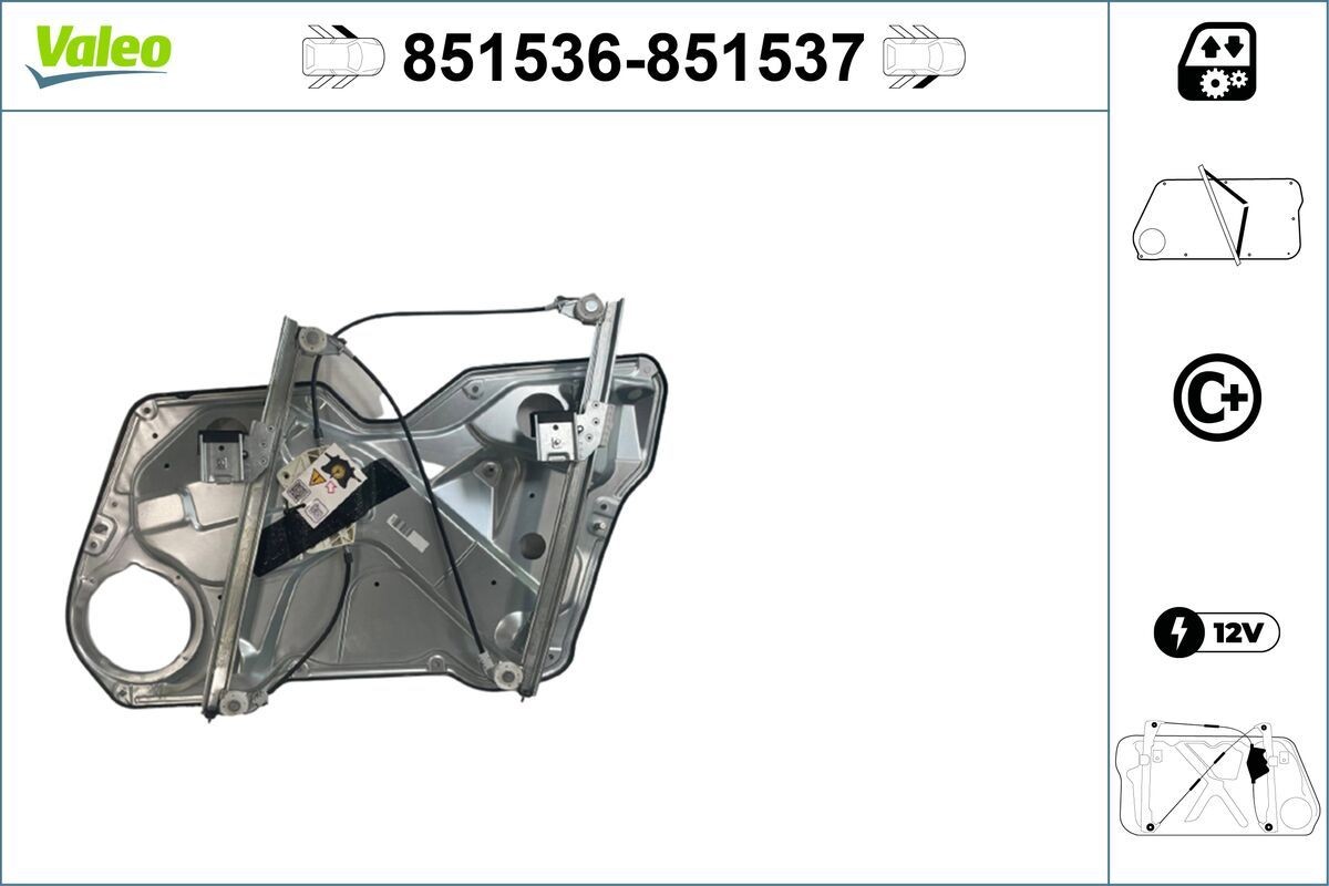 VALEO 851536: Mecanism actionare geam fata stanga, electric, fara motor electric, cu placa insurubata