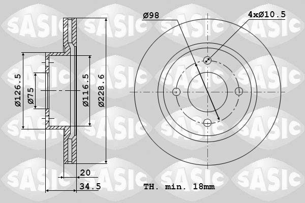 SASIC 9004412J: Piduriketas Esisild, Ø: 228,6mm, õhutusega, Ø: 229mm