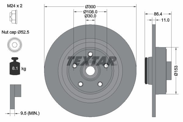 TEXTAR 92159803: Piduriketas Ø: 300mm, täis, Ø: 300mm, teljemutriga, kaetud, koos integreeritud magnetilise anduriga, koos rattalaagriga, ilma rattakinnituspoltideta, koos rattakeskmega PRO