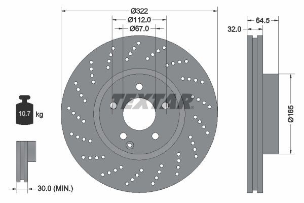 TEXTAR 92163405: Piduriketas PRO+ Ø: 322mm, sisemine õhutus, perforeeritud, Ø: 322mm, kaetud, ilma rattakeskmeta, ilma rattalaagrita, ilma rattakinnituspoltideta