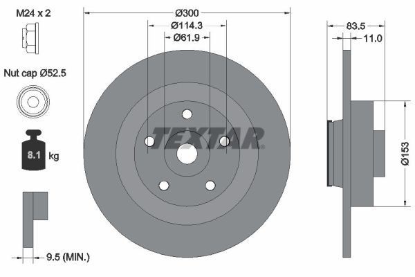 TEXTAR 92233103: Piduriketas Ø: 300mm, täis, Ø: 300mm, teljemutriga, kaetud, koos integreeritud magnetilise anduriga, koos rattalaagriga, ilma rattakinnituspoltideta, koos rattakeskmega PRO