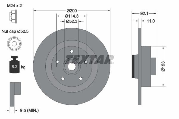 TEXTAR 92254103: Piduriketas Ø: 290mm, täis, Ø: 290mm, teljemutriga, kaetud, koos integreeritud magnetilise anduriga, koos rattalaagriga, ilma rattakinnituspoltideta, koos rattakeskmega PRO